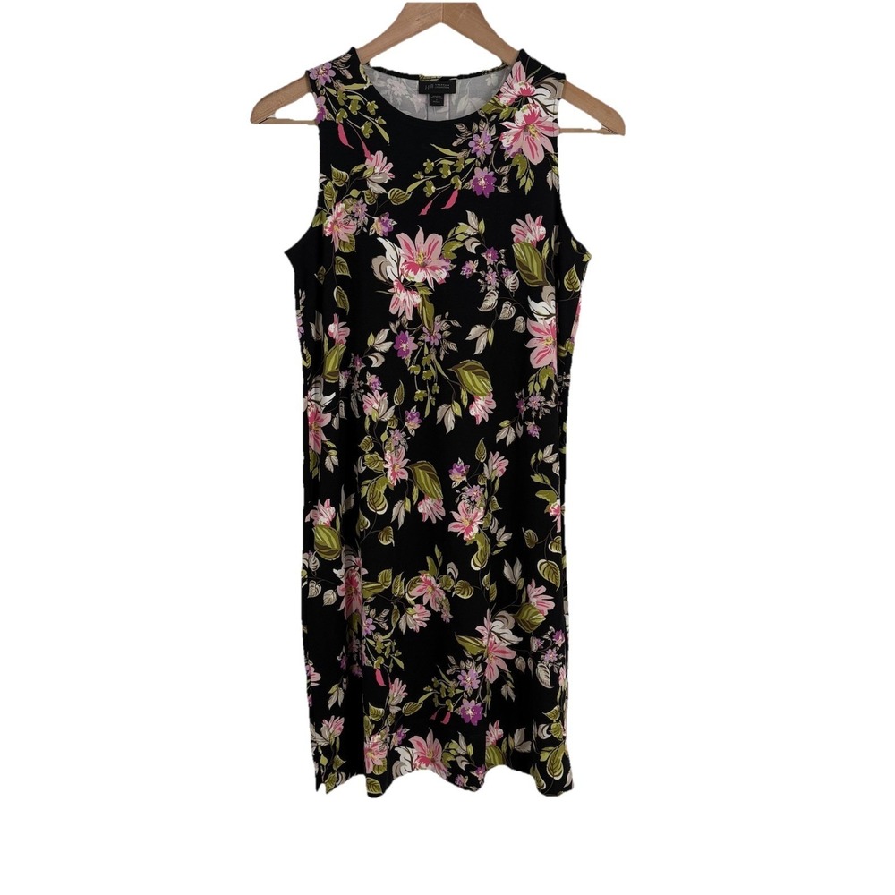 J Jill Wearever Collection Swing Dress Petite Small Black Foral Cottagecore